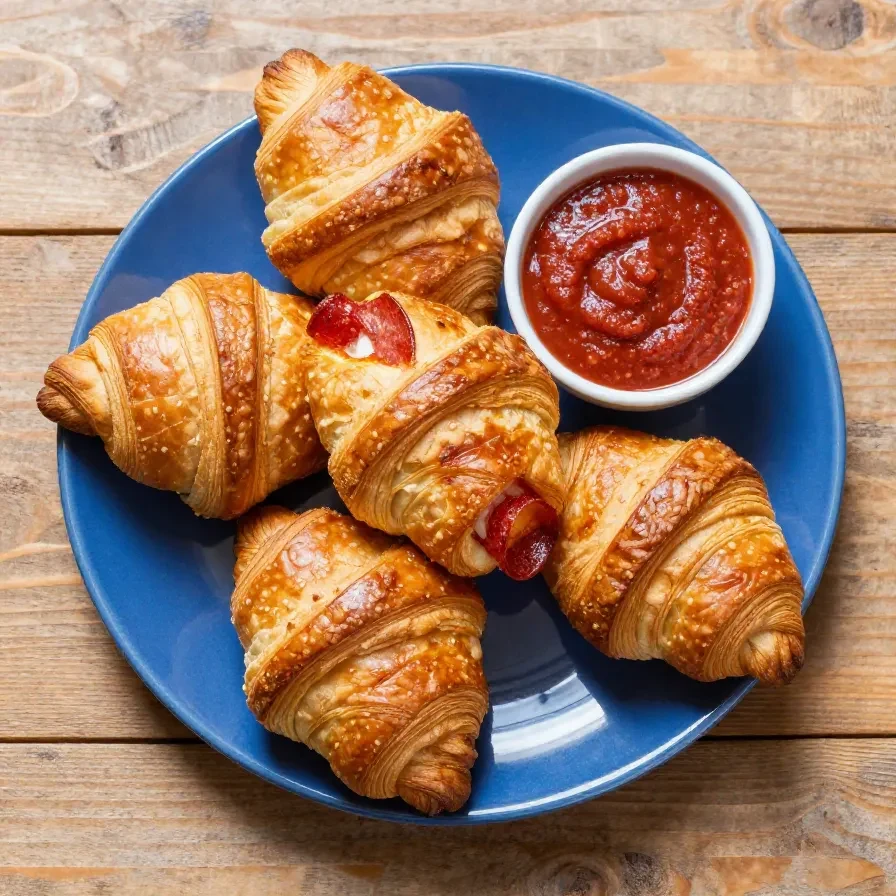 Golden-brown pepperoni crescent rolls fresh out of the oven on a wooden table.