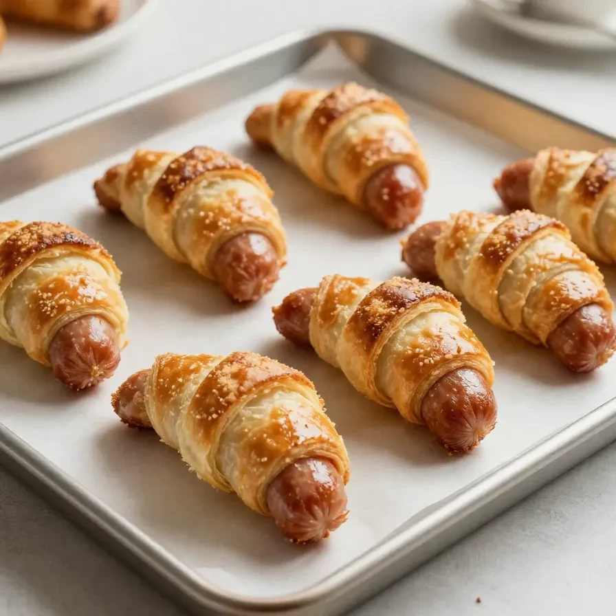 Golden-brown pigs in a blanket served on a white plate with a side of dipping sauce.