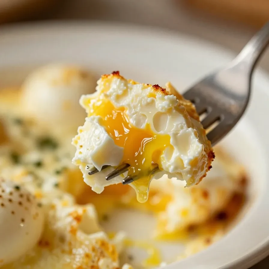 A close-up of Mediterranean baked feta eggs served in a skillet with fresh herbs and cherry tomatoes.