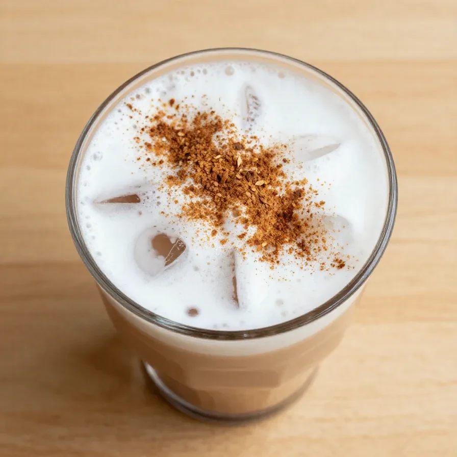 A glass of iced chai latte topped with creamy pumpkin cold foam on a wooden table.