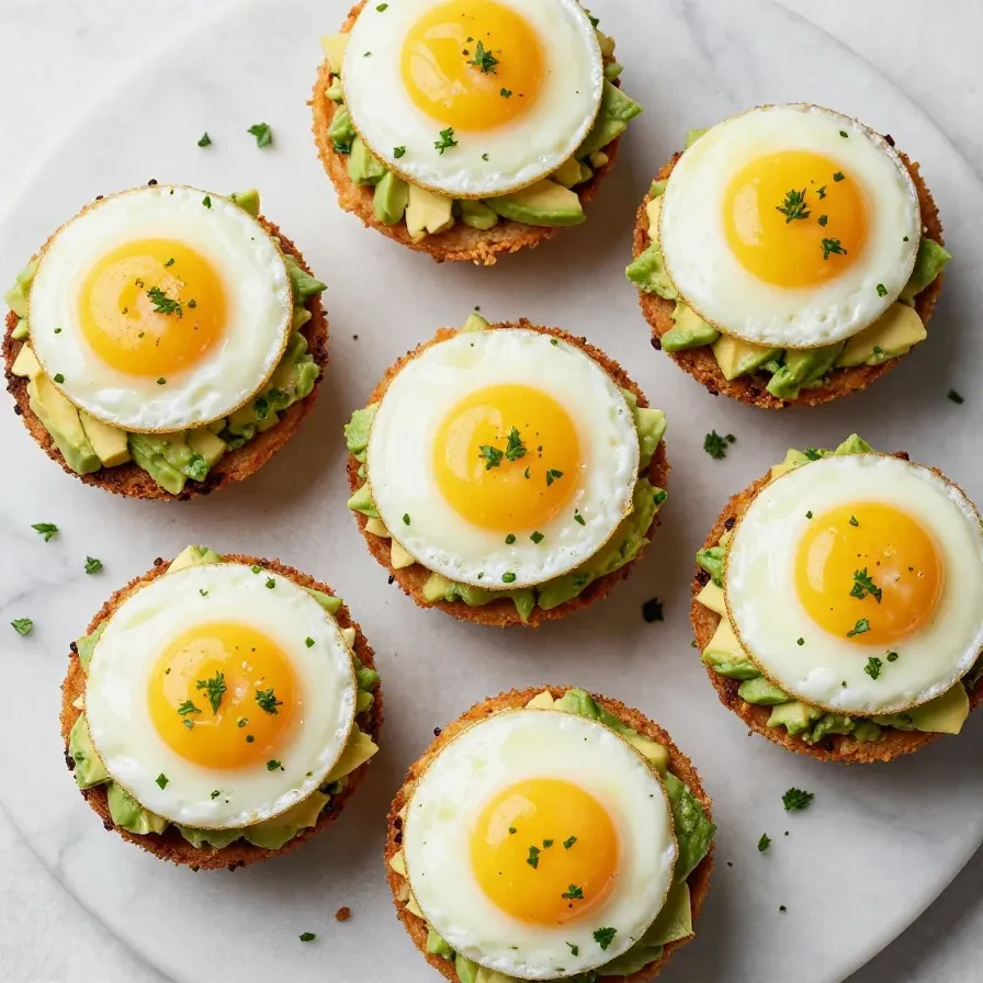 A close-up of crispy hash brown avocado egg cups served on a white plate, perfect for breakfast or brunch.
