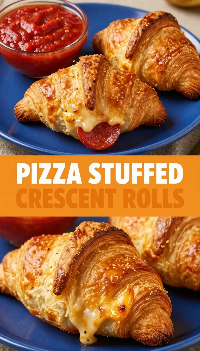 Golden-brown pepperoni crescent rolls fresh out of the oven on a wooden table.
