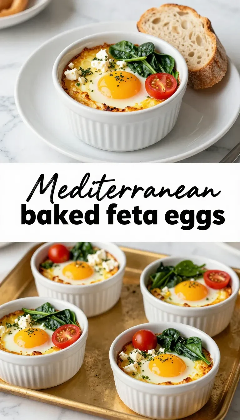 A close-up of Mediterranean baked feta eggs served in a skillet with fresh herbs and cherry tomatoes.