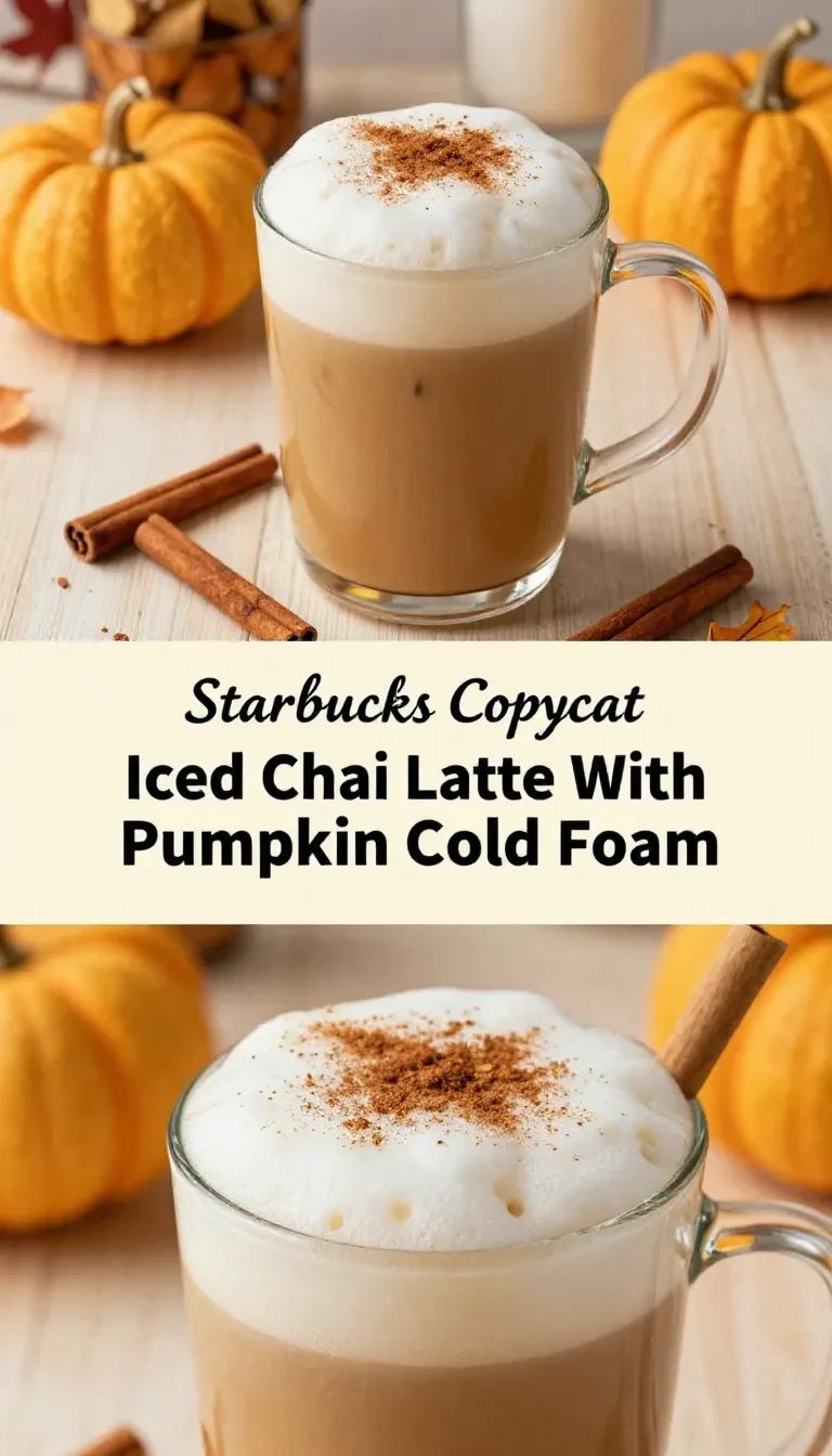 A glass of iced chai latte topped with creamy pumpkin cold foam on a wooden table.