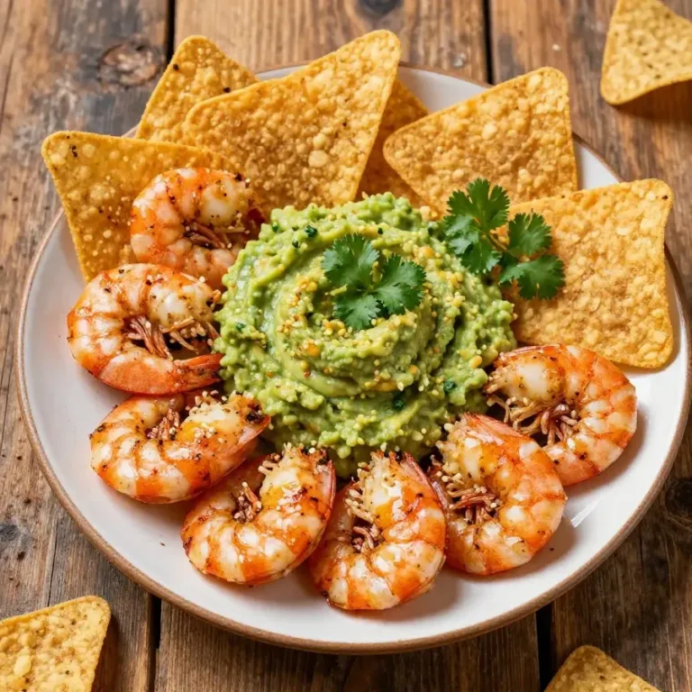 Close-up of shrimp guacamole bites served on a wooden platter.