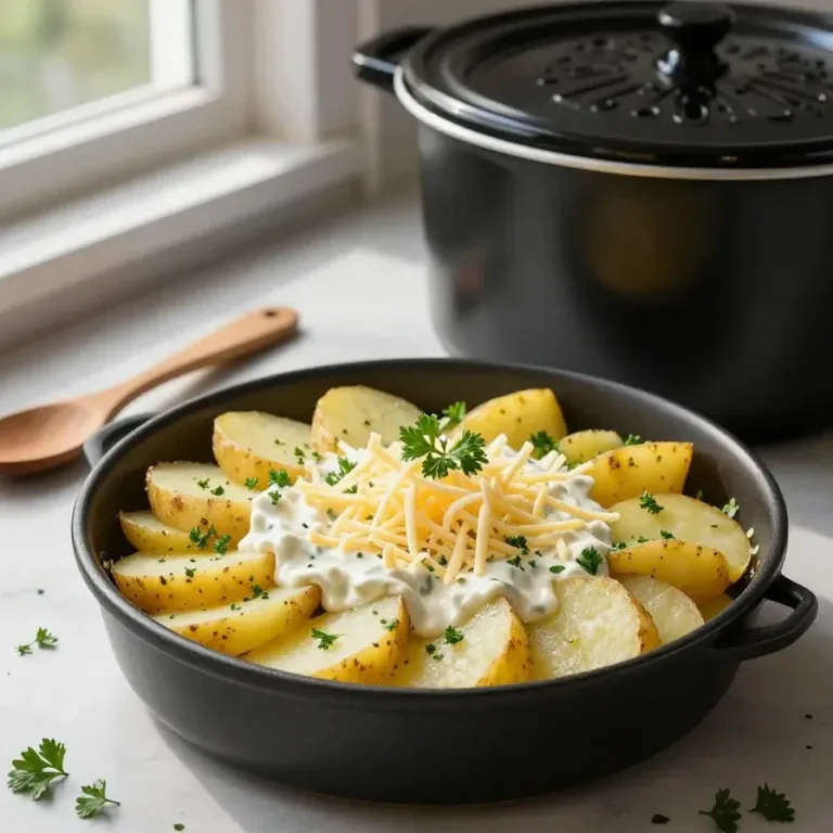 Easy Crock Pot Scalloped Potatoes A close-up of scalloped potatoes cooked in a crock pot, garnished with fresh parsley.