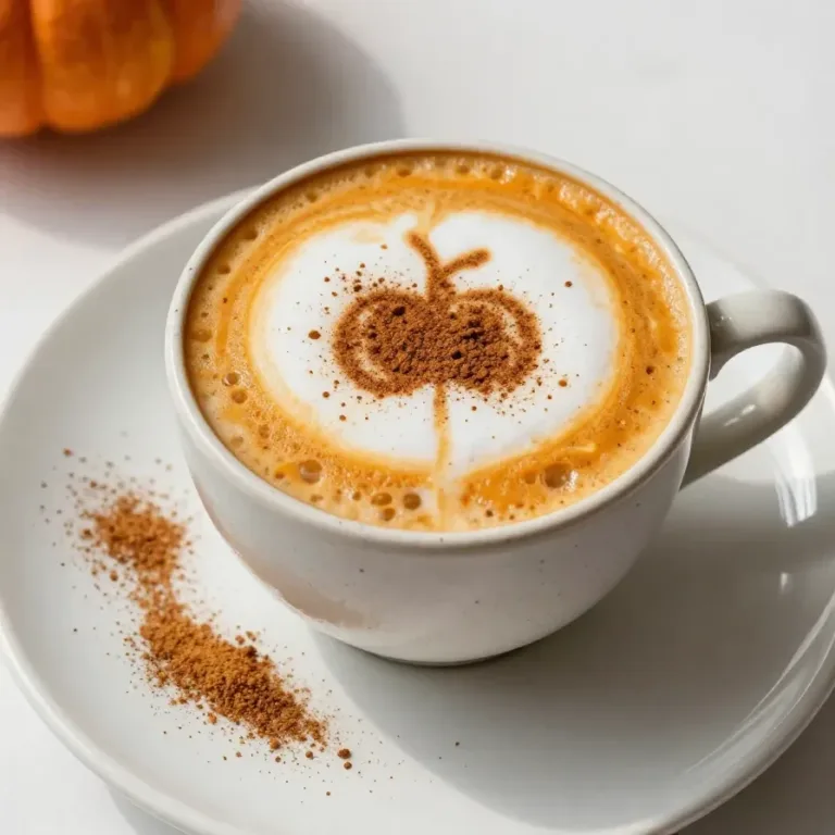 A steaming cup of low-calorie pumpkin spice latte topped with frothy milk and a sprinkle of cinnamon.