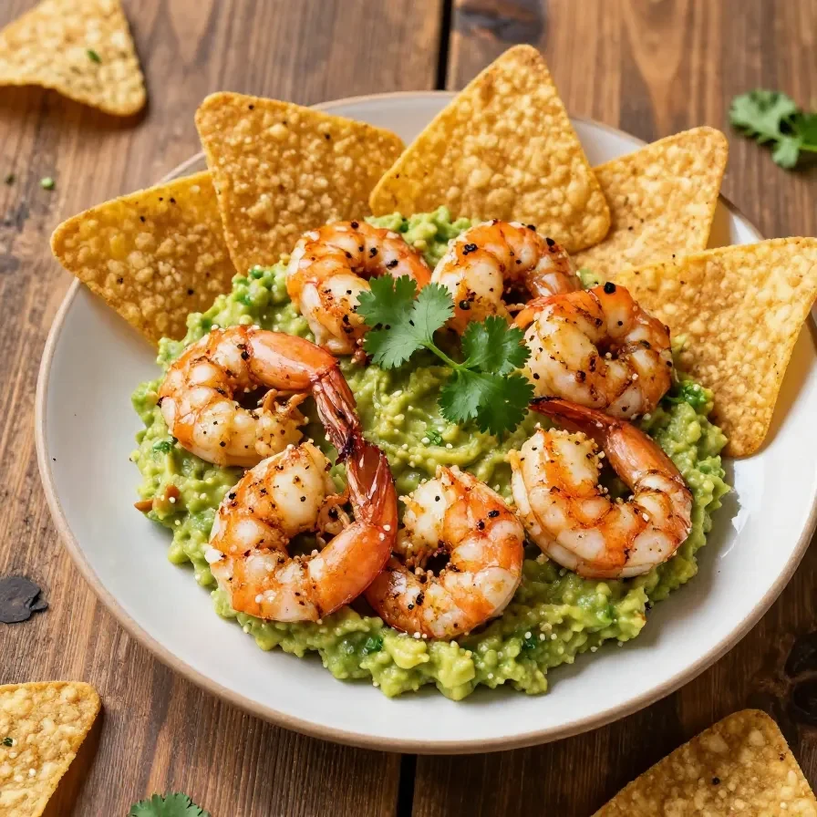 Close-up of shrimp guacamole bites served on a wooden platter.