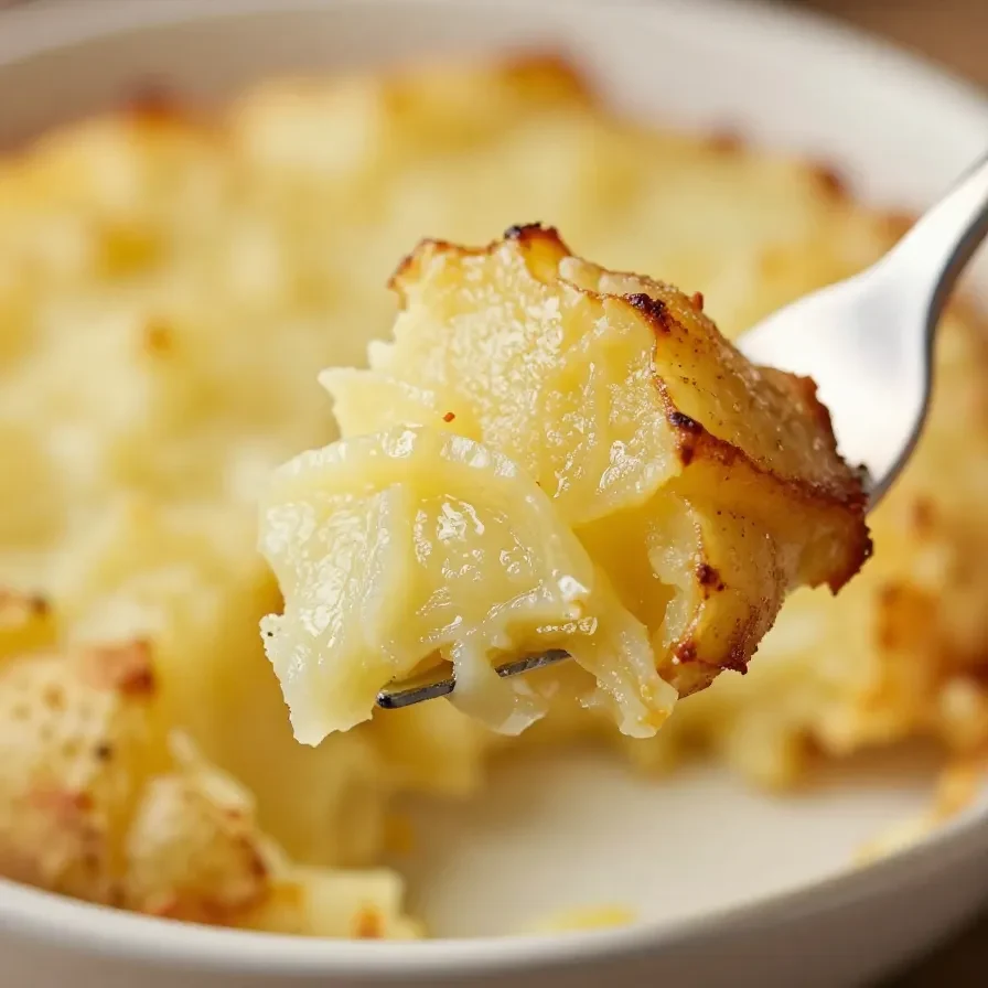 A close-up of scalloped potatoes cooked in a crock pot, garnished with fresh parsley.