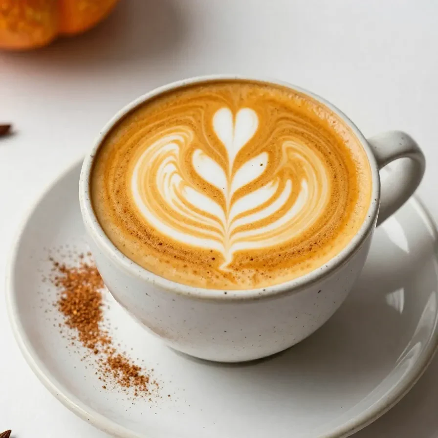 A steaming cup of low-calorie pumpkin spice latte topped with frothy milk and a sprinkle of cinnamon.