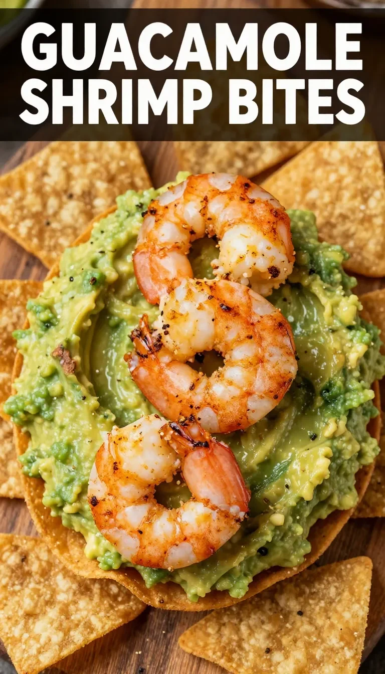 Close-up of shrimp guacamole bites served on a wooden platter.