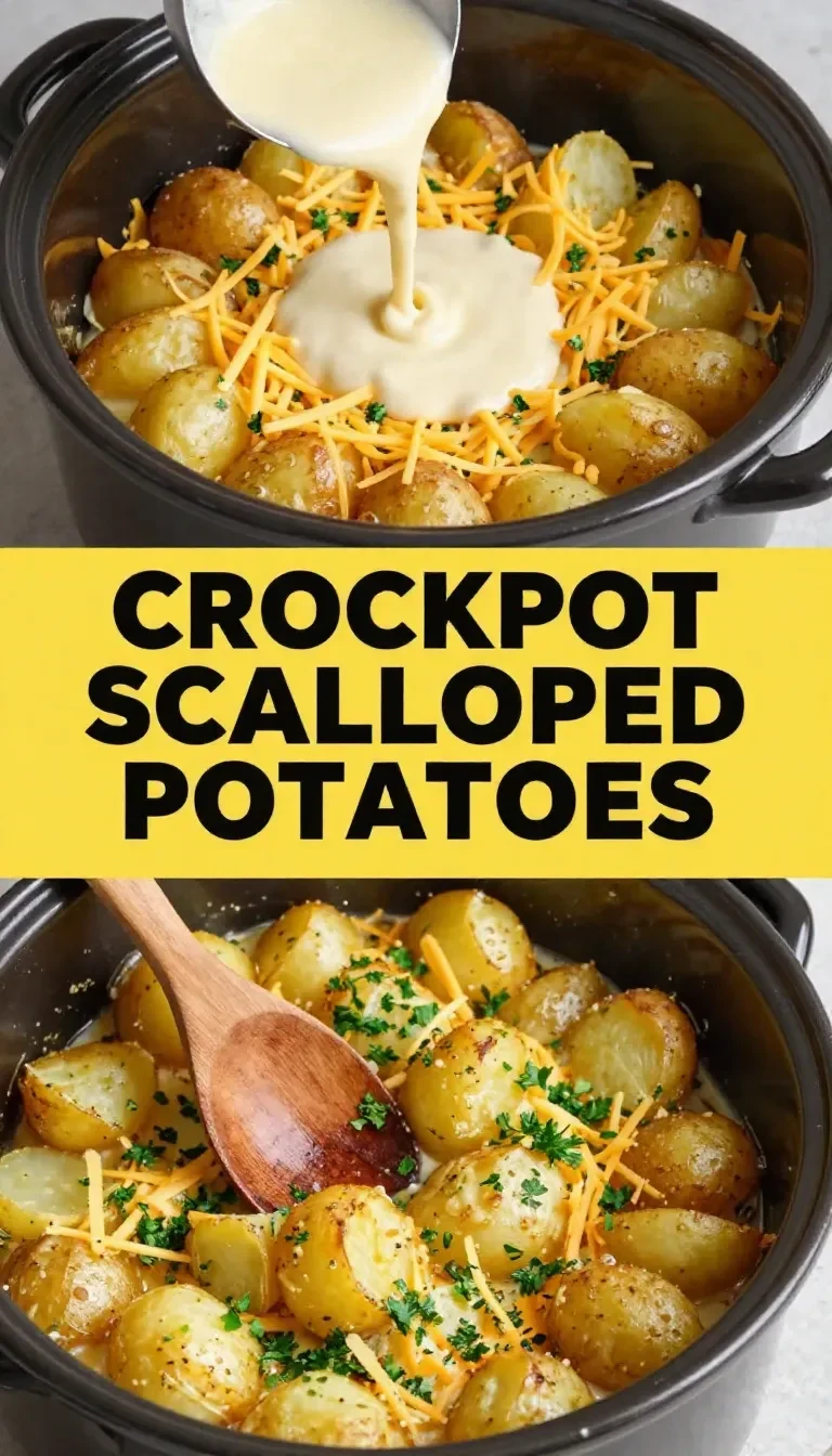A close-up of scalloped potatoes cooked in a crock pot, garnished with fresh parsley.