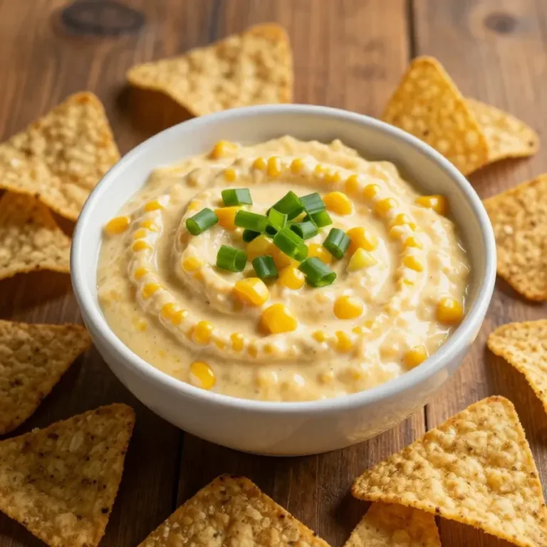 A bowl of creamy Southwest corn dip garnished with fresh cilantro and served with tortilla chips.