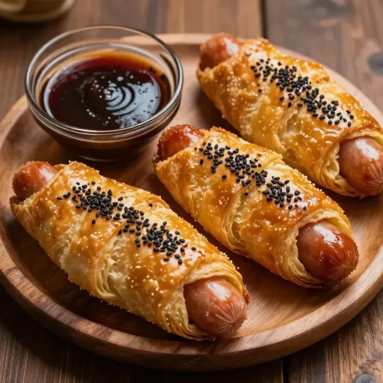 Golden-brown glazed pigs in a blanket served on a white plate.