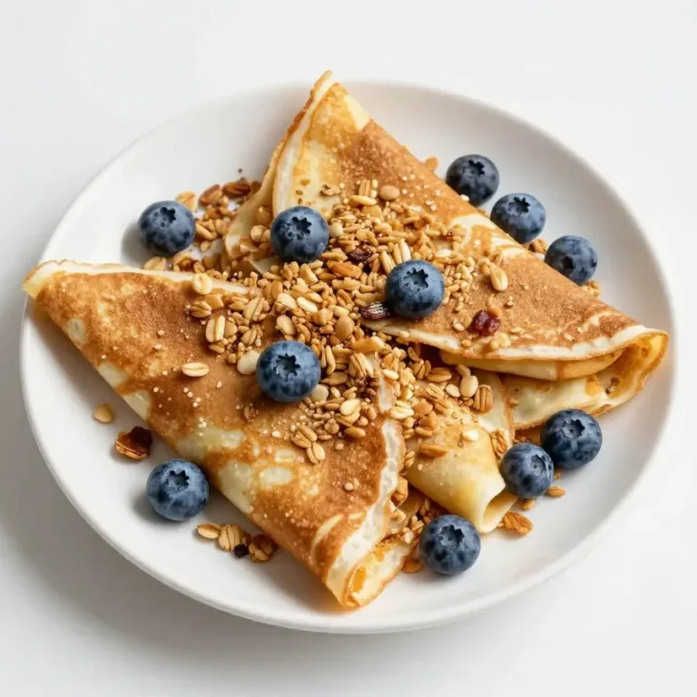 Healthy Breakfast Crepes with Blueberries Recipe A stack of healthy breakfast crepes topped with fresh blueberries and a drizzle of honey on a white plate.
