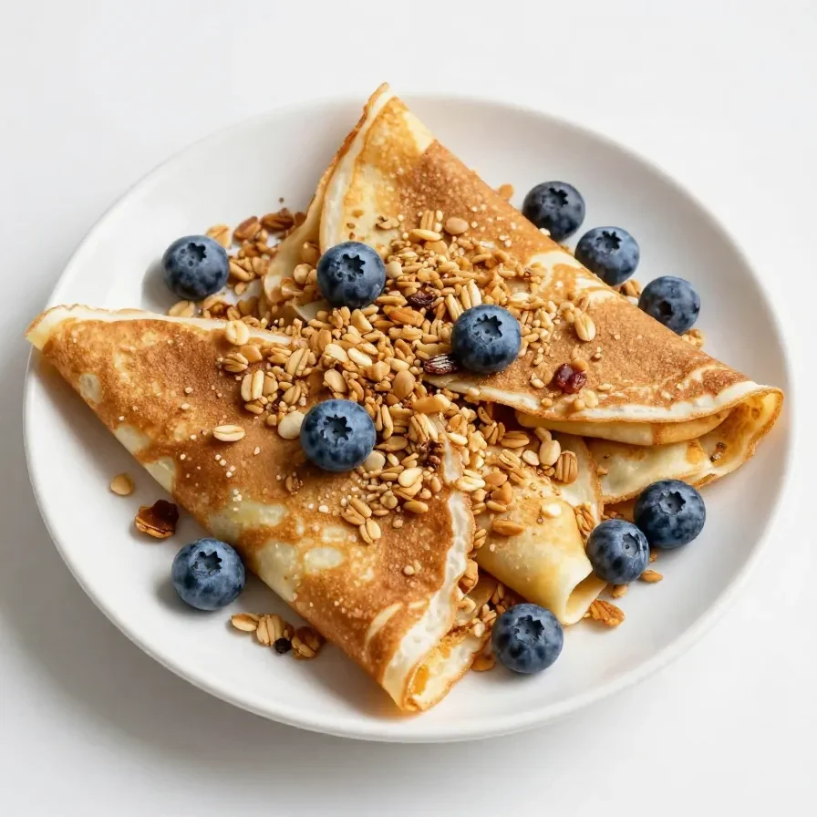 A stack of healthy breakfast crepes topped with fresh blueberries and a drizzle of honey on a white plate.