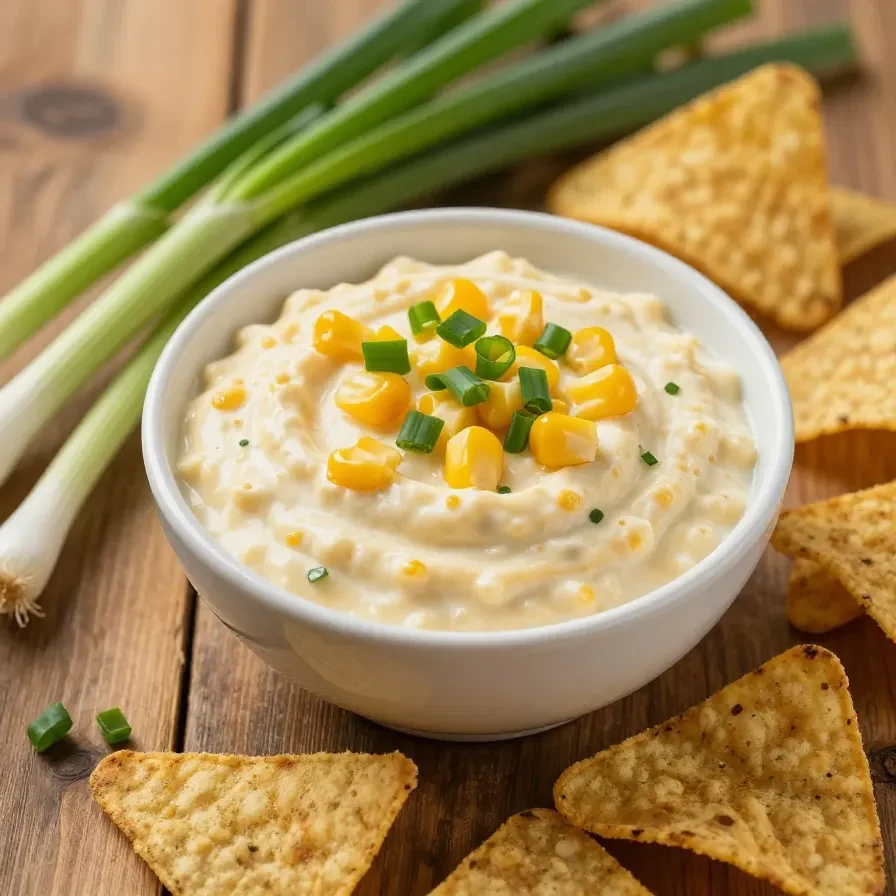 A bowl of creamy Southwest corn dip garnished with fresh cilantro and served with tortilla chips.