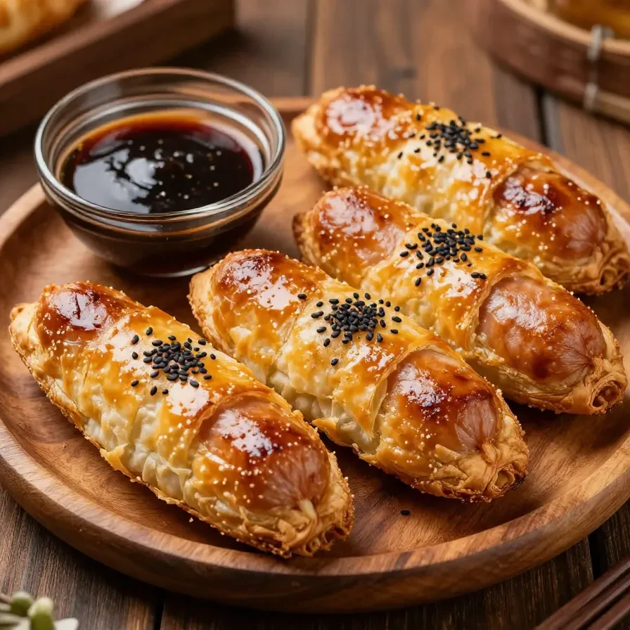 Golden-brown glazed pigs in a blanket served on a white plate.