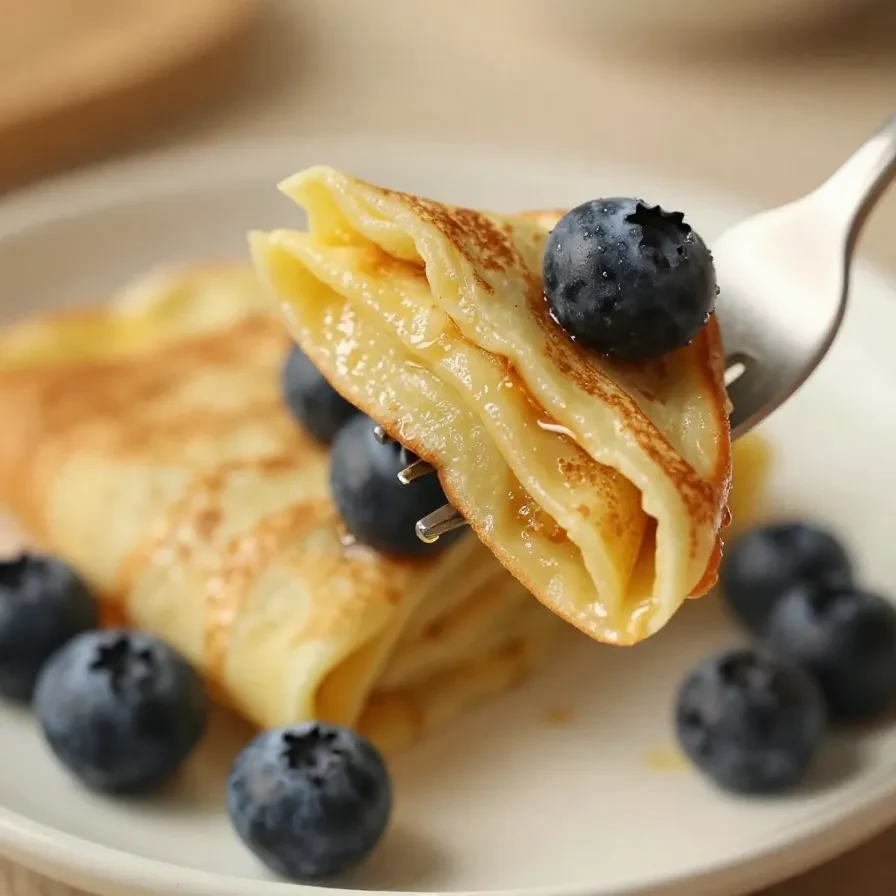 A stack of healthy breakfast crepes topped with fresh blueberries and a drizzle of honey on a white plate.