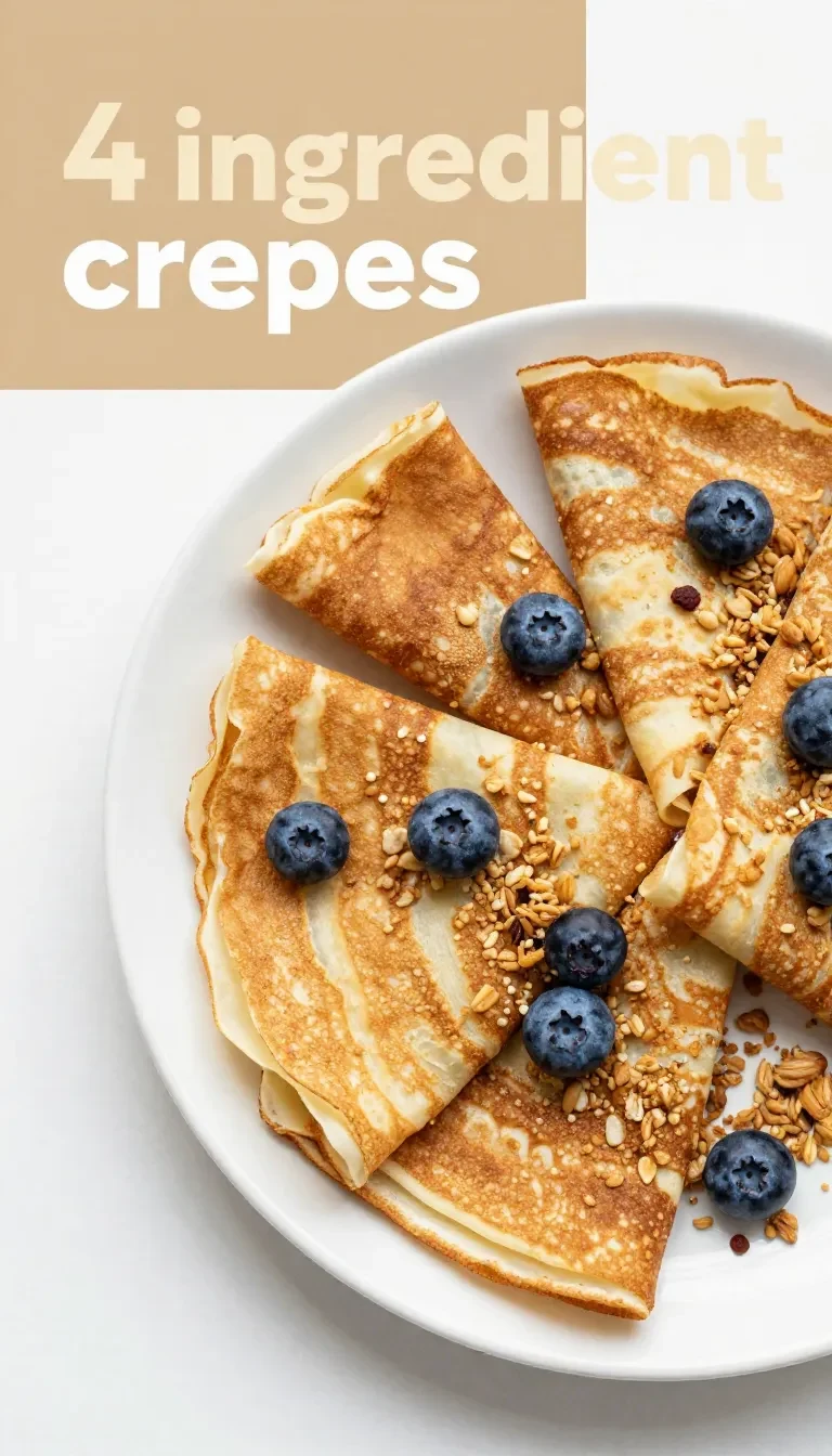 A stack of healthy breakfast crepes topped with fresh blueberries and a drizzle of honey on a white plate.