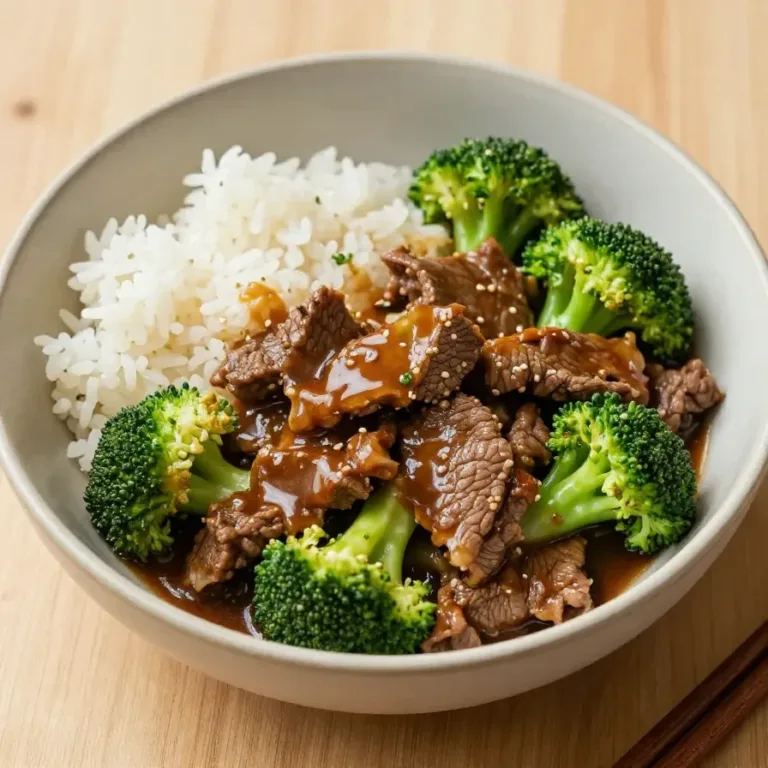 A plate of Chinese beef and broccoli stir-fry served with steamed rice.