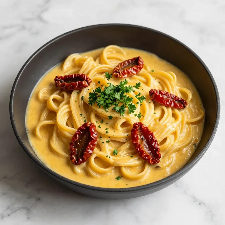 A bowl of creamy vegan pasta topped with sun-dried tomatoes and fresh basil leaves.