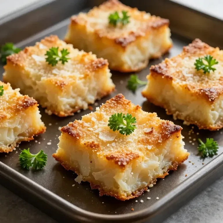 Golden-brown Parmesan appetizer squares served on a wooden platter.