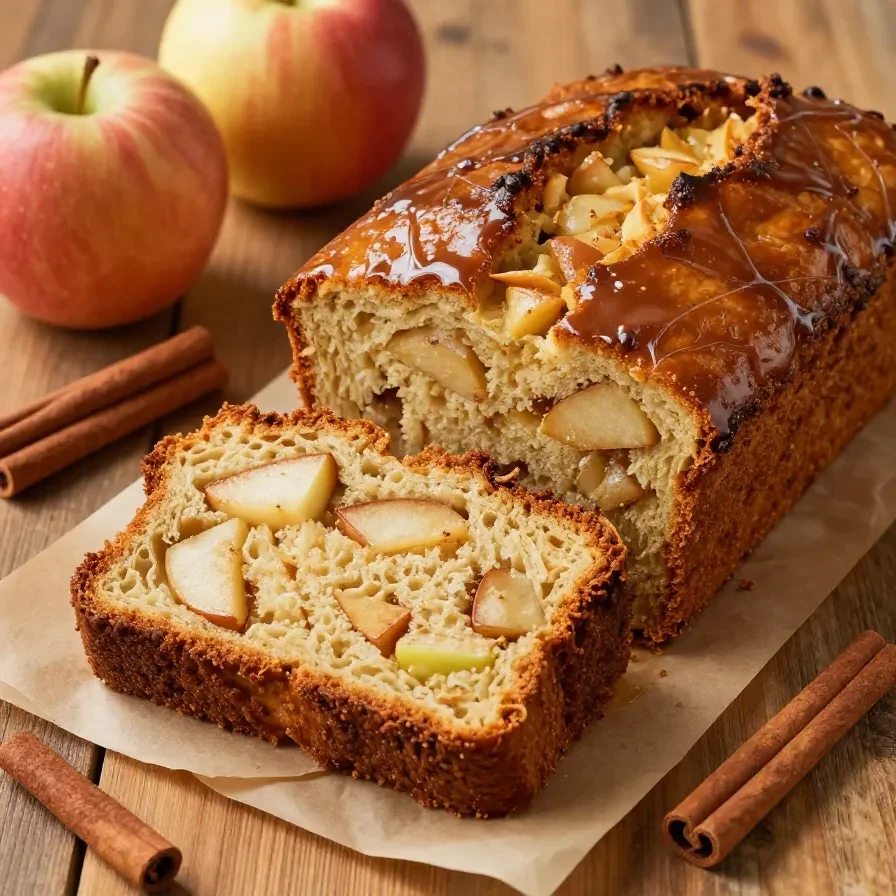 A freshly baked loaf of cinnamon apple bread on a wooden cutting board, surrounded by sliced apples.