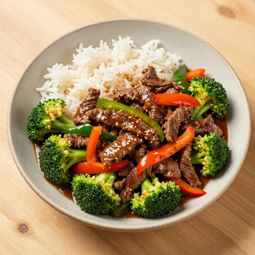 A plate of Chinese beef and broccoli stir-fry served with steamed rice.