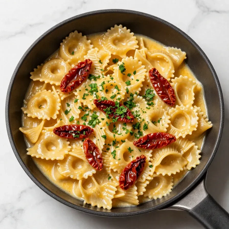 A bowl of creamy vegan pasta topped with sun-dried tomatoes and fresh basil leaves.