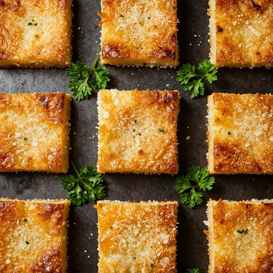 Golden-brown Parmesan appetizer squares served on a wooden platter.