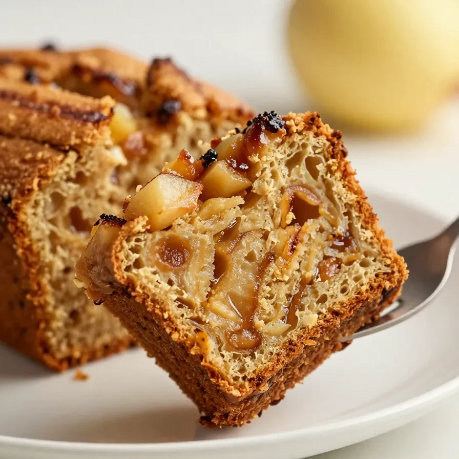 A freshly baked loaf of cinnamon apple bread on a wooden cutting board, surrounded by sliced apples.