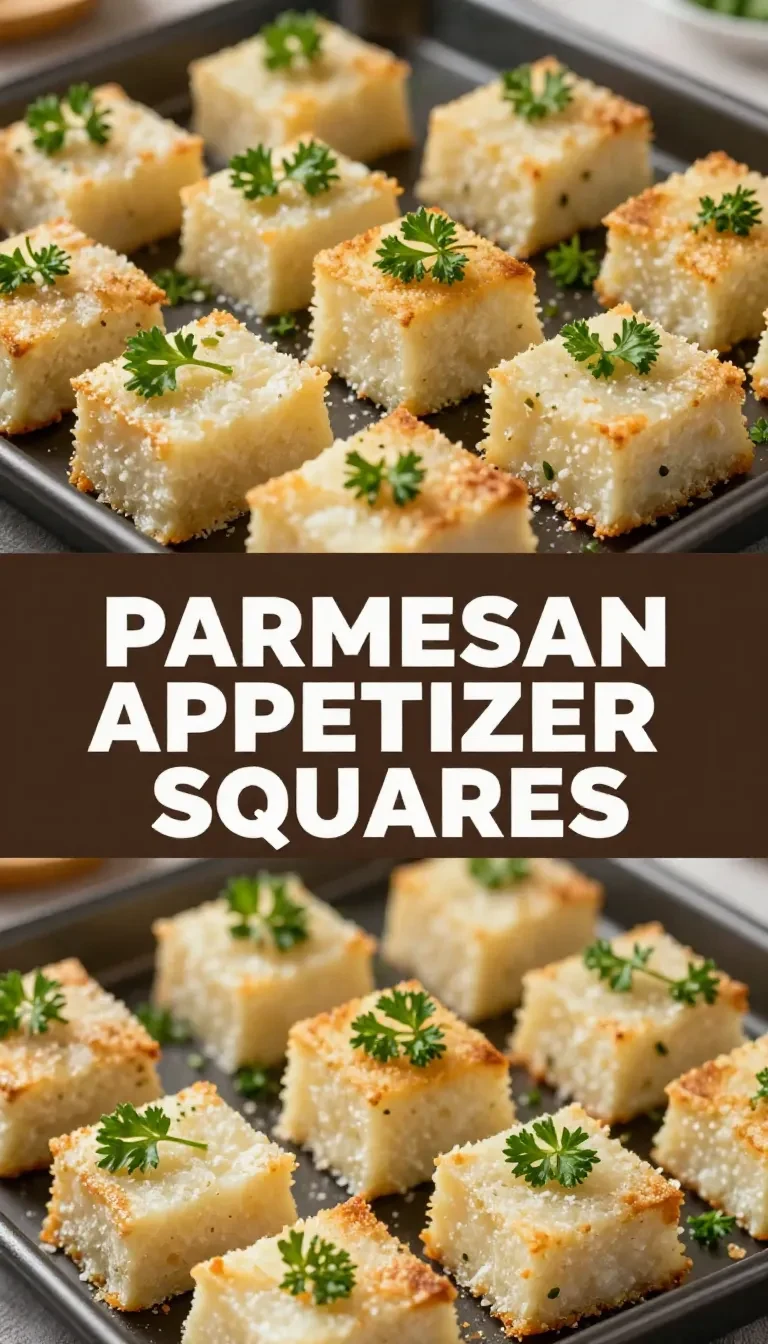 Golden-brown Parmesan appetizer squares served on a wooden platter.