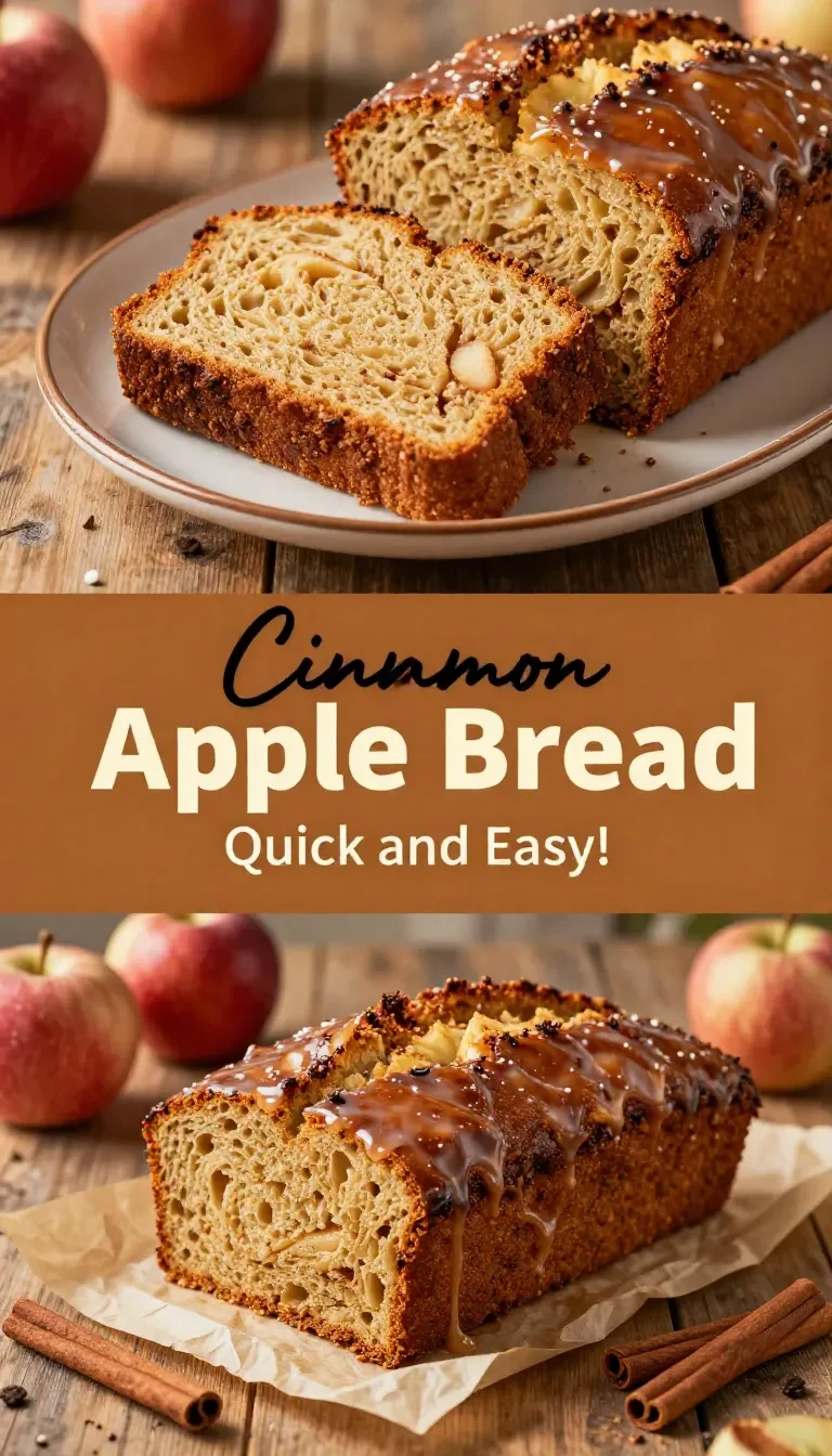 A freshly baked loaf of cinnamon apple bread on a wooden cutting board, surrounded by sliced apples.