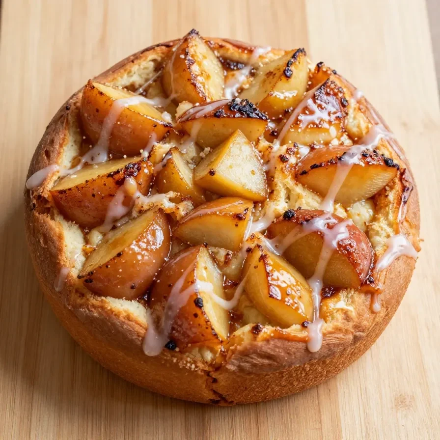 A loaf of freshly baked Amish apple fritter bread topped with a sweet glaze on a wooden table.