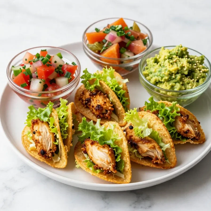 Close-up of mini chicken quesadillas served on a white plate with a side of salsa.