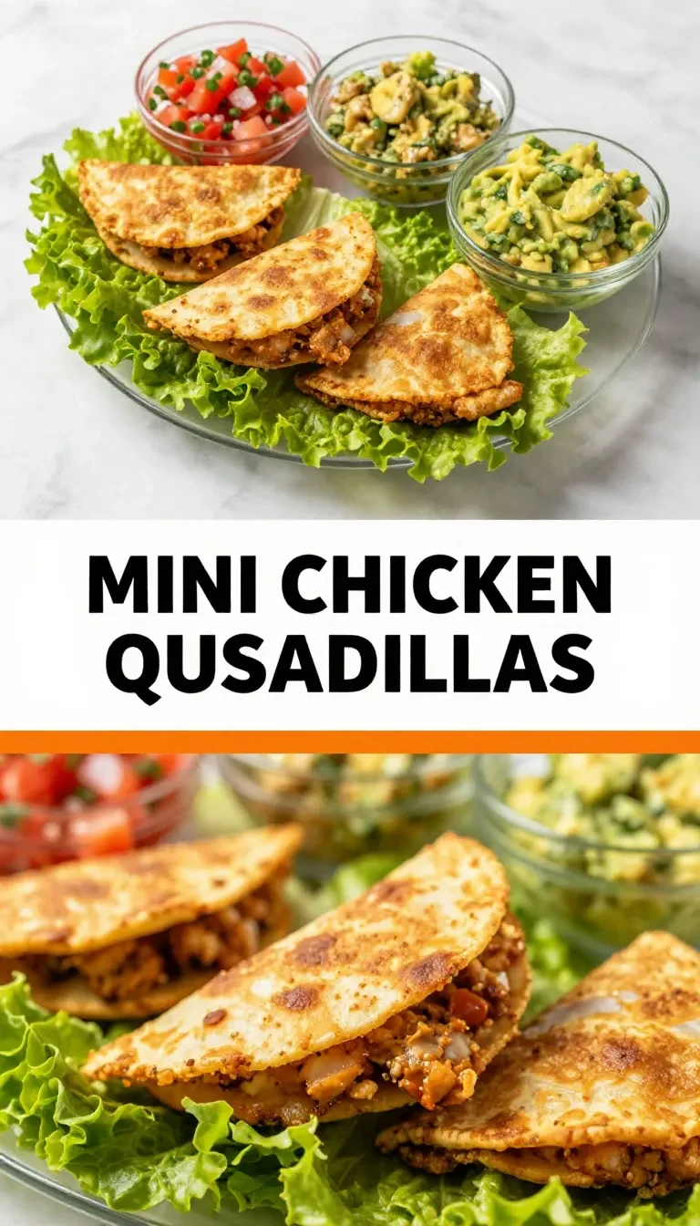 Close-up of mini chicken quesadillas served on a white plate with a side of salsa.