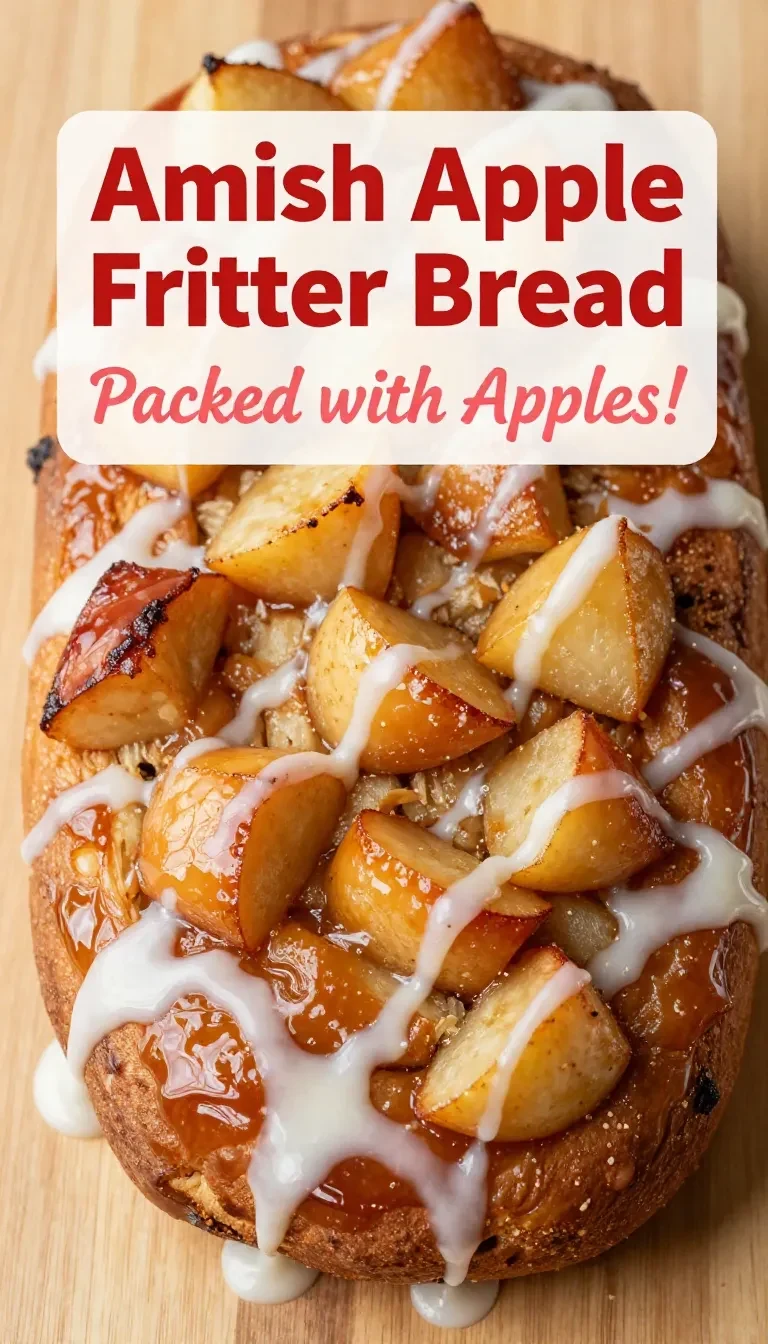 A loaf of freshly baked Amish apple fritter bread topped with a sweet glaze on a wooden table.