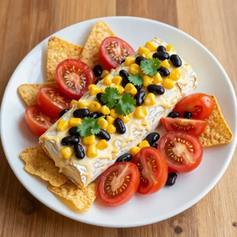 A colorful Fiesta Cowboy Caviar Cheese Log garnished with fresh vegetables and herbs on a wooden serving platter.