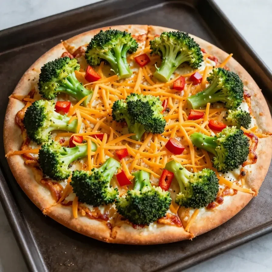 Close-up of a cream cheese crescent roll veggie pizza appetizer topped with colorful fresh vegetables.