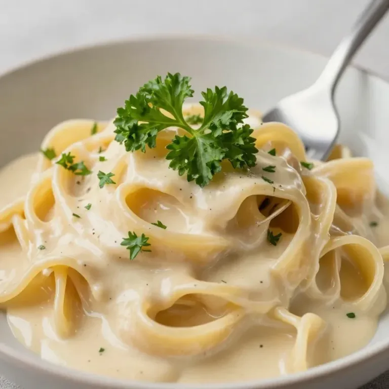 Garlic Parmesan Pasta A close-up of creamy garlic parmesan pasta garnished with fresh parsley in a white bowl.