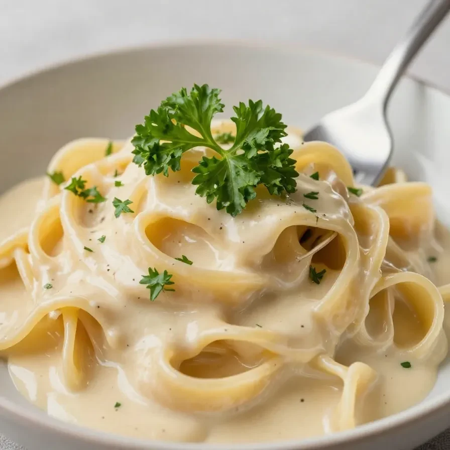 A close-up of creamy garlic parmesan pasta garnished with fresh parsley in a white bowl.