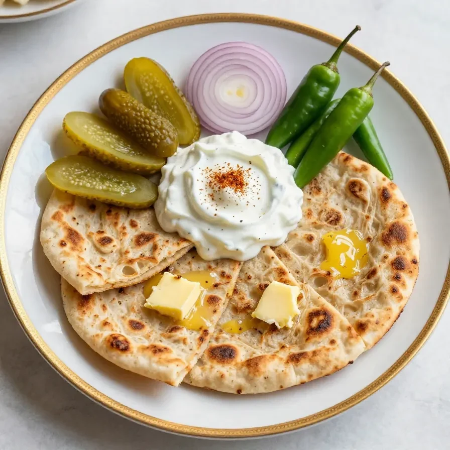 Close-up of freshly made aloo paratha served on a plate with butter and yogurt.