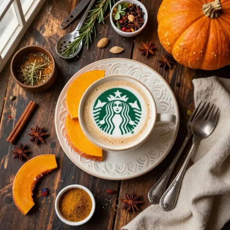 A venti-sized Pumpkin Chai Latte from Starbucks in a branded cup, placed on a wooden table.