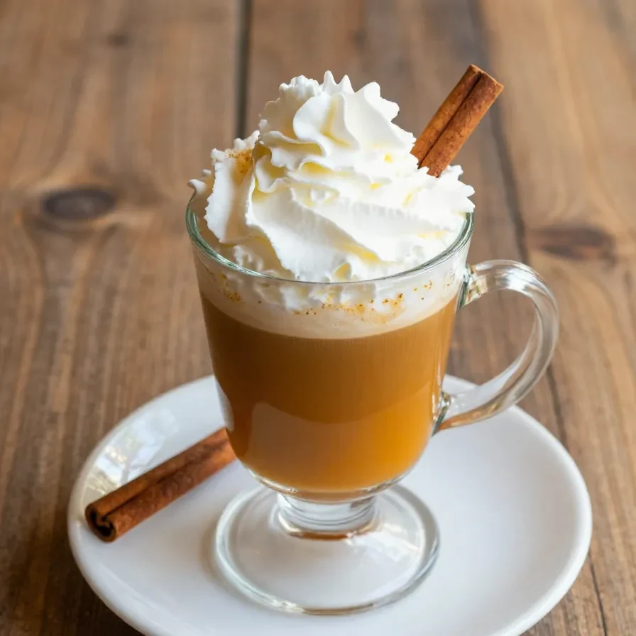 A homemade pumpkin spice latte served in a white mug with cinnamon sticks and pumpkin decorations.