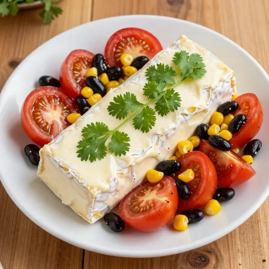 A colorful Fiesta Cowboy Caviar Cheese Log garnished with fresh vegetables and herbs on a wooden serving platter.