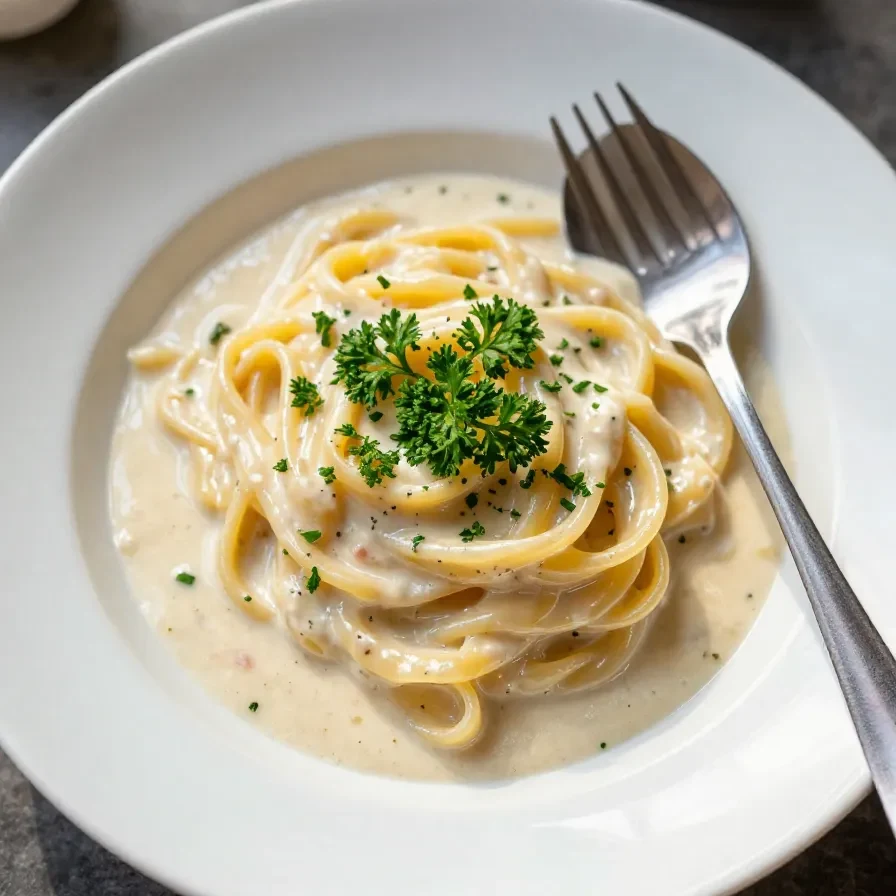 A close-up of creamy garlic parmesan pasta garnished with fresh parsley in a white bowl.