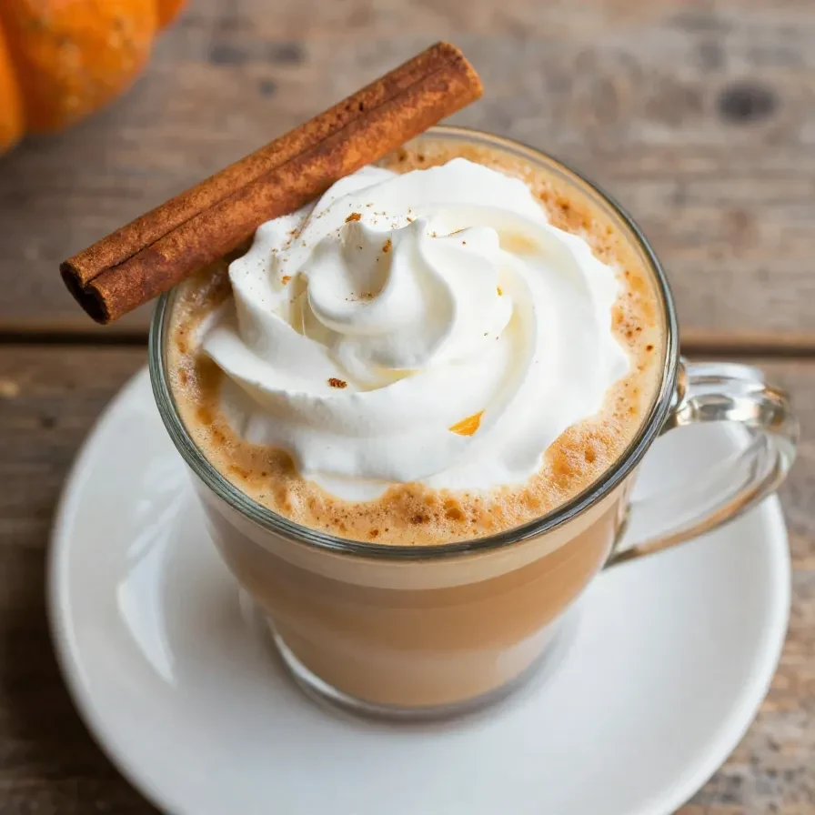 A homemade pumpkin spice latte served in a white mug with cinnamon sticks and pumpkin decorations.