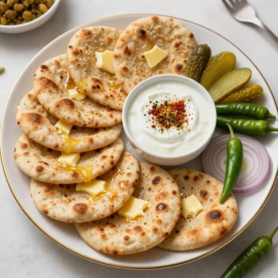 Close-up of freshly made aloo paratha served on a plate with butter and yogurt.