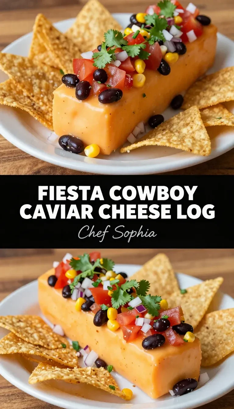 A colorful Fiesta Cowboy Caviar Cheese Log garnished with fresh vegetables and herbs on a wooden serving platter.